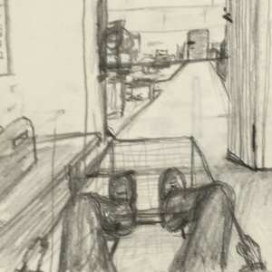 Workers market (1974)   charcoal drawing  l  23 x 30 cm