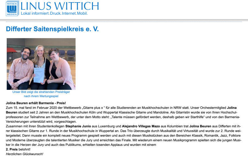 2ter Platz beim Barmanie Wettbewerb "Gitarre Plus X" 2020 in Wuppertal  (Trio mit Jolina Beuren, Gitarre und Alejandro Villegas Mazo, Mandoline/Tiple)