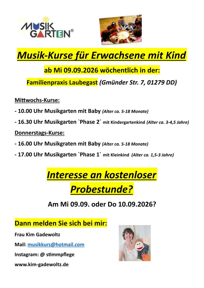 Musikgarten Kurse ab dem 09.09.2026 in den Räumen der Familienpraxis Laubegast in Dresden
